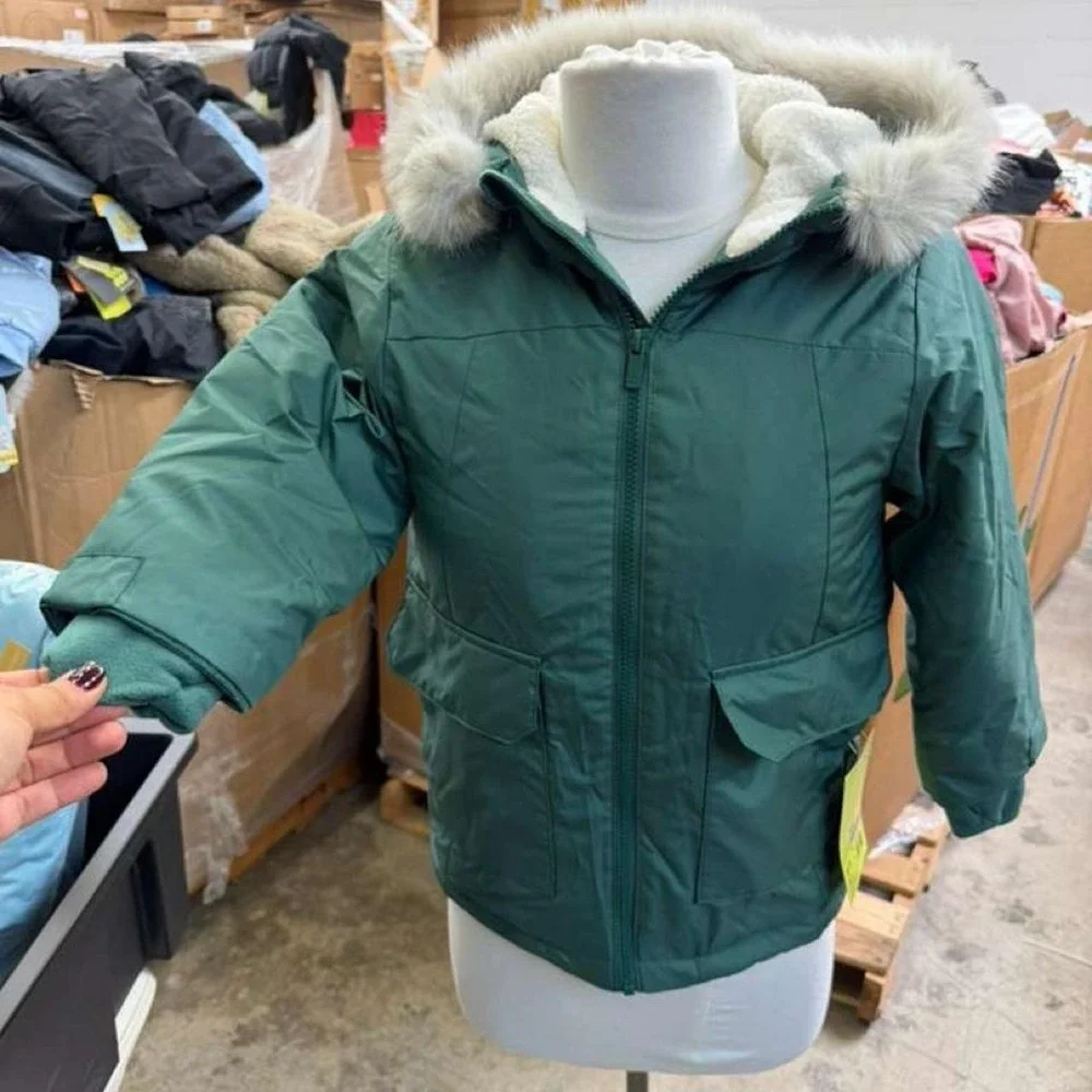 All in Motion Girls' Green Faux Fur Hooded Winter Parka – Size XS (4/5)